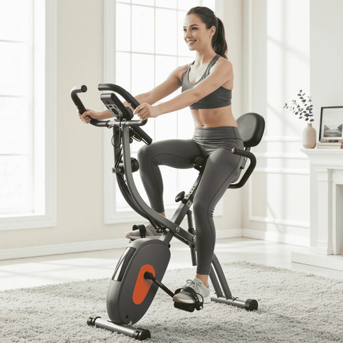 Folding Exercise Bike 3 in 1 Magnetic Stationary Recumbent Bike 10 Level Resistance for Home Use with Arm Resistance Bands